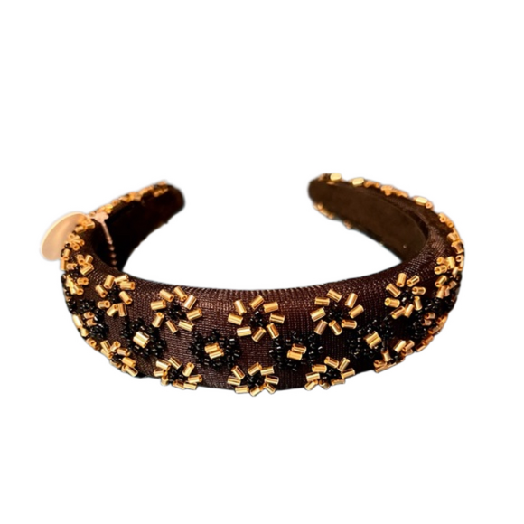 Beaded Metallic Mesh Flower Headband - Color: Black - Picture 1 of 5